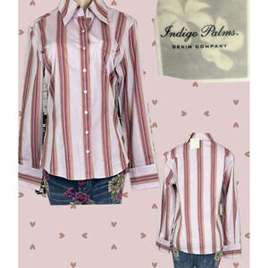 Indigo Palms L French Lilac Multi Striped Button Collar Cotton Long Sleeve Shirt
